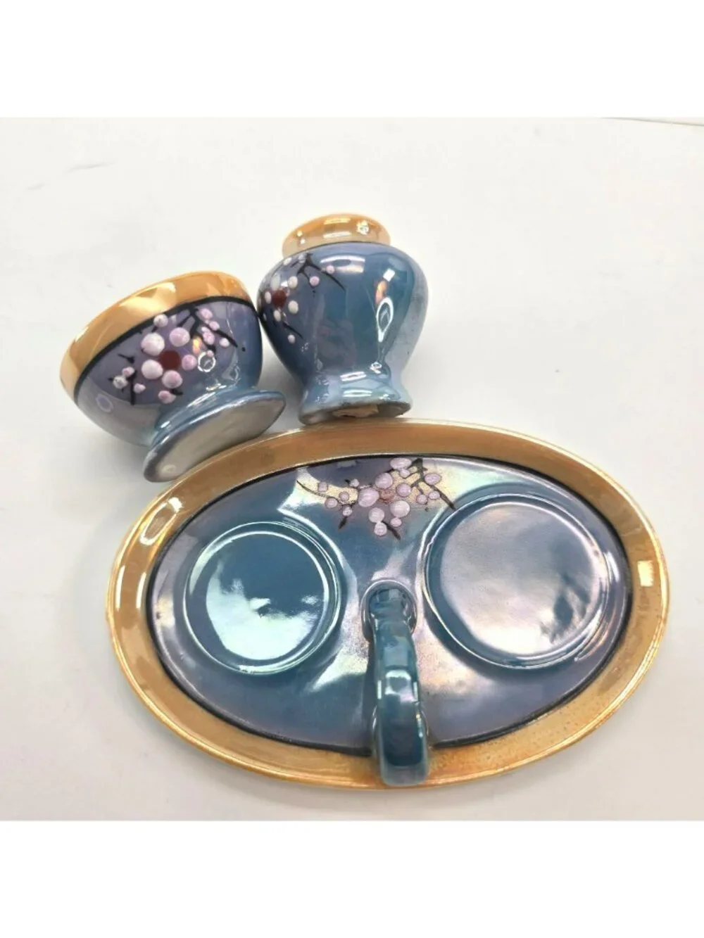 Vintage Lusterware Egg Coddler & Salt Shaker Set With Tray Blue Peach je160